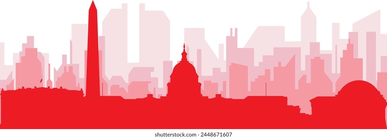 Red panoramic city skyline poster with reddish misty transparent background buildings of WASHINGTON, UNITED STATES