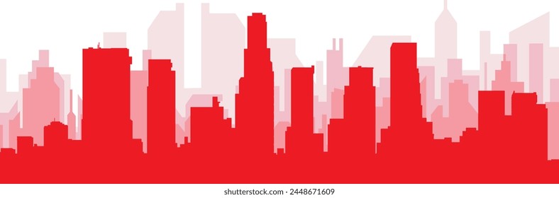 Afiche panorámico rojo del horizonte de la ciudad con los edificios rojizos brumosos transparentes del fondo de LOS ÁNGELES, ESTADOS UNIDOS