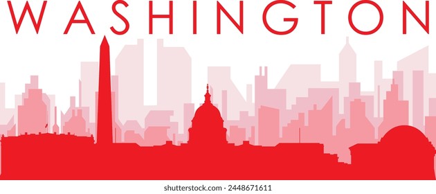 Afiche panorámico rojo del horizonte de la ciudad con los edificios rojizos brumosos transparentes del fondo de WASHINGTON, ESTADOS UNIDOS