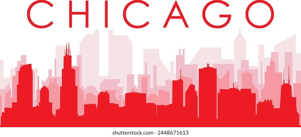 Red panoramic city skyline poster with reddish misty transparent background buildings of CHICAGO, UNITED STATES