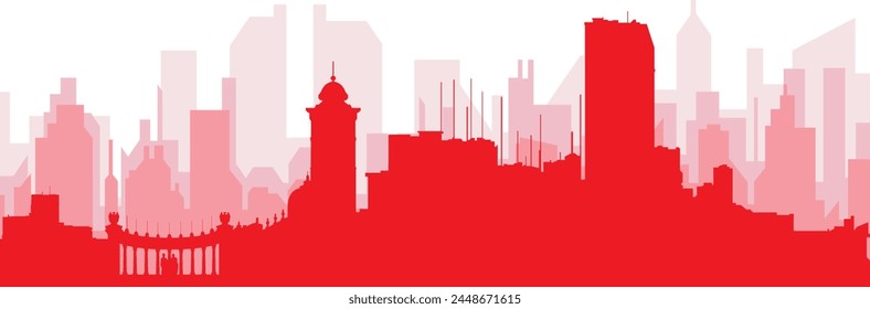 Red panoramic city skyline poster with reddish misty transparent background buildings of GUAYAQUIL, ECUADOR