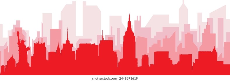 Red panoramic city skyline poster with reddish misty transparent background buildings of NEW YORK, UNITED STATES