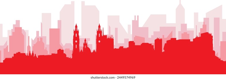 Red panoramic city skyline poster with reddish misty transparent background buildings of BARRANQUILLA, COLOMBIA