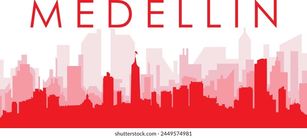 Red panoramic city skyline poster with reddish misty transparent background buildings of MEDELLIN, COLOMBIA