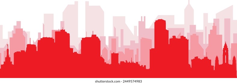 Red panoramic city skyline poster with reddish misty transparent background buildings of CARACAS, VENEZUELA