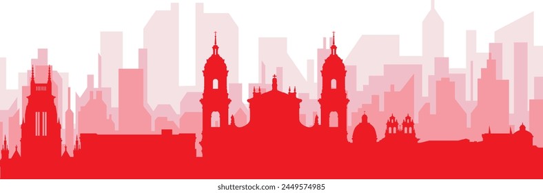 Red panoramic city skyline poster with reddish misty transparent background buildings of BOGOTA, COLOMBIA