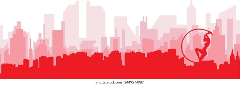 Red panoramic city skyline poster with reddish misty transparent background buildings of FORTALEZA, BRAZIL