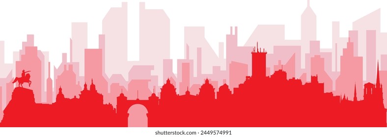 Red panoramic city skyline poster with reddish misty transparent background buildings of CORDOBA, ARGENTINA