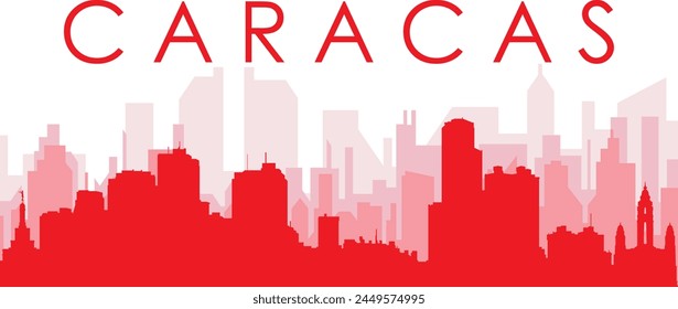 Red panoramic city skyline poster with reddish misty transparent background buildings of CARACAS, VENEZUELA