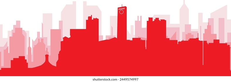 Red panoramic city skyline poster with reddish misty transparent background buildings of BARQUISIMETO, VENEZUELA