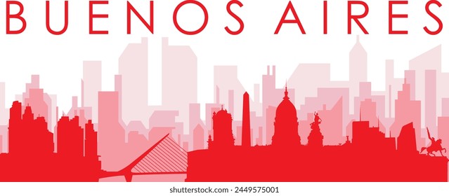 Afiche panorámico de horizonte de la ciudad rojo con edificios rojizos de fondo transparente brumoso de BUENOS AIRES, ARGENTINA