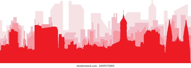 Red panoramic city skyline poster with reddish misty transparent background buildings of LA PLATA, ARGENTINA