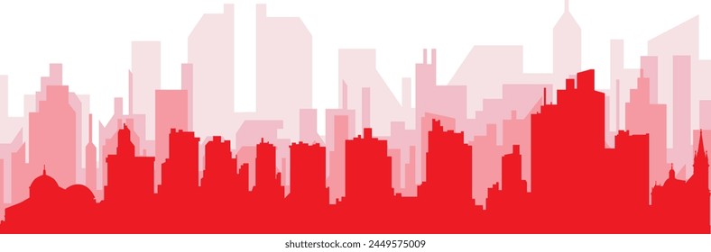 Red panoramic city skyline poster with reddish misty transparent background buildings of MANAUS, BRAZIL