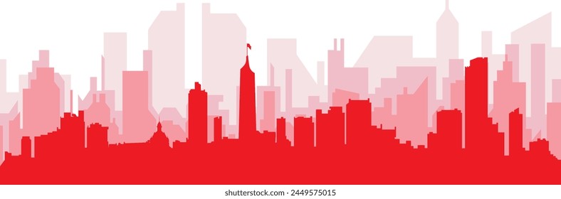 Red panoramic city skyline poster with reddish misty transparent background buildings of MEDELLIN, COLOMBIA