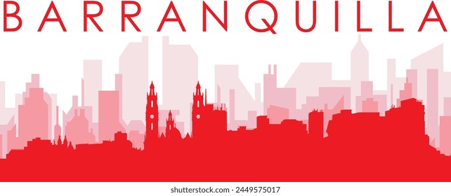 Afiche panorámico de horizonte de la ciudad rojo con fondo rojizo brumoso transparente de los edificios de BARRANQUILLA, COLOMBIA