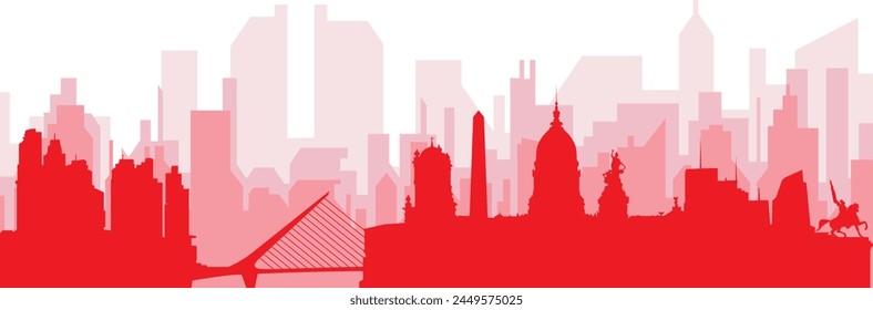 Afiche panorámico de horizonte de la ciudad rojo con edificios rojizos de fondo transparente brumoso de BUENOS AIRES, ARGENTINA