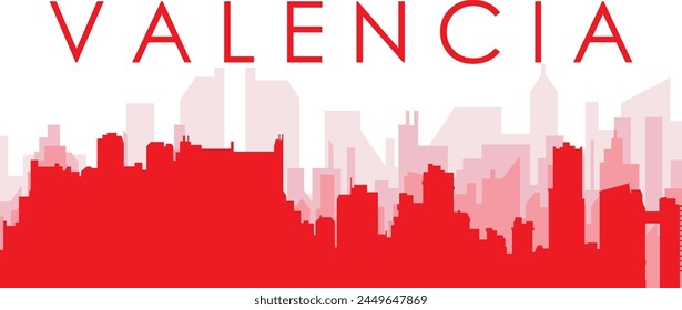 Red panoramic city skyline poster with reddish misty transparent background buildings of VALENCIA, VENEZUELA