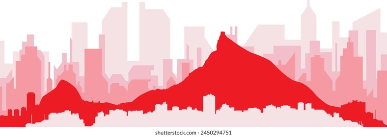 Red panoramic city skyline poster with reddish misty transparent background buildings of RIO DE JANEIRO, BRAZIL