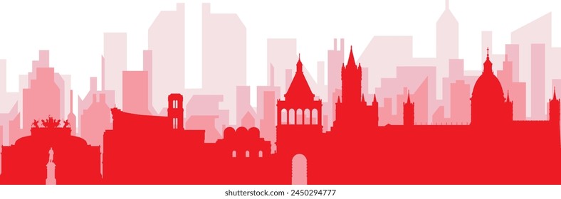 Red panoramic city skyline poster with reddish misty transparent background buildings of PALERMO, ITALY