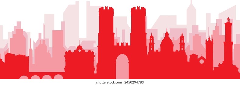 Red panoramic city skyline poster with reddish misty transparent background buildings of GENOA (GENOVA), ITALY