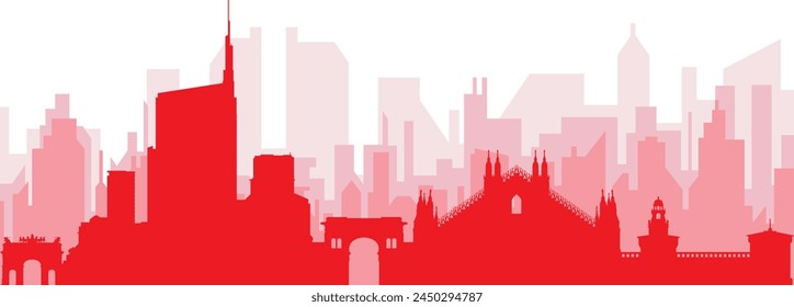 Red panoramic city skyline poster with reddish misty transparent background buildings of MILAN (MILANO), ITALY