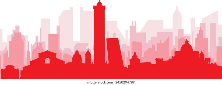 Red panoramic city skyline poster with reddish misty transparent background buildings of BOLOGNA, ITALY