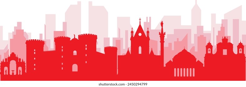 Red panoramic city skyline poster with reddish misty transparent background buildings of NAPLES (NAPOLI), ITALY