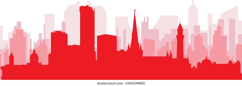 Red panoramic city skyline poster with reddish misty transparent background buildings of BIRMINGHAM, UNITED KINGDOM