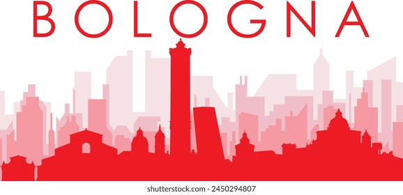 Red panoramic city skyline poster with reddish misty transparent background buildings of BOLOGNA, ITALY