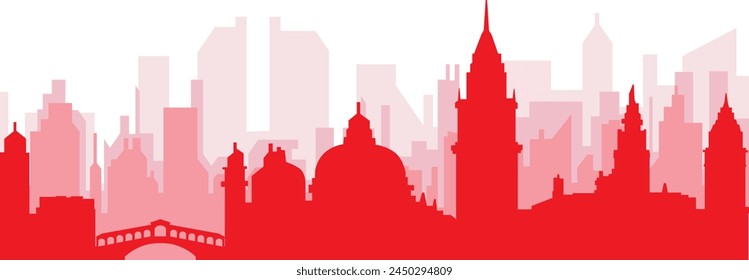 Red panoramic city skyline poster with reddish misty transparent background buildings of VENICE (VENEZIA), ITALY