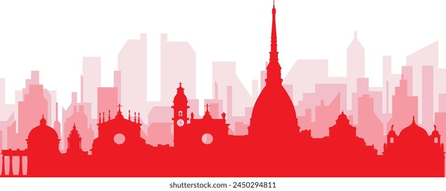 Red panoramic city skyline poster with reddish misty transparent background buildings of TURIN (TORINO), ITALY