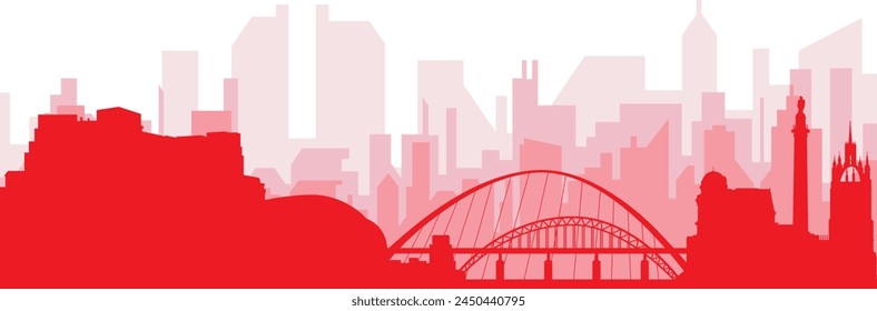 Red panoramic city skyline poster with reddish misty transparent background buildings of NEWCASTLE, UNITED KINGDOM