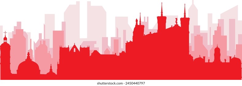 Red panoramic city skyline poster with reddish misty transparent background buildings of LYON, FRANCE