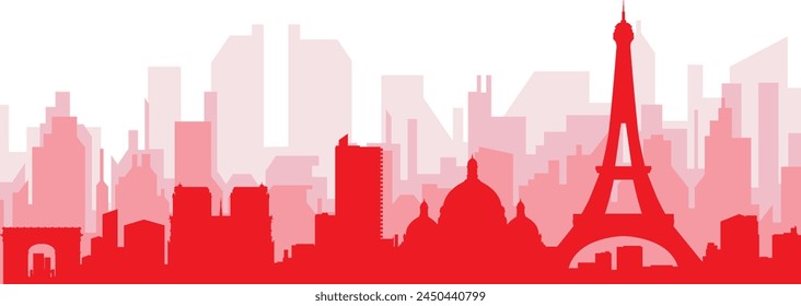 Red panoramic city skyline poster with reddish misty transparent background buildings of PARIS, FRANCE