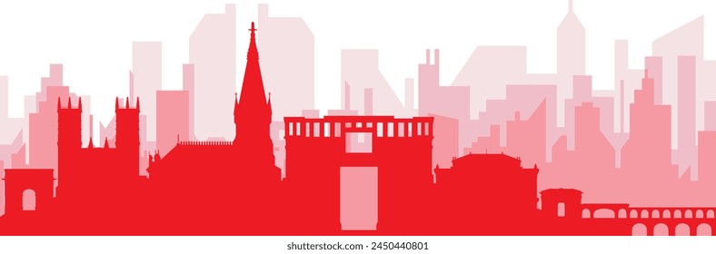 Red panoramic city skyline poster with reddish misty transparent background buildings of MONTPELLIER, FRANCE