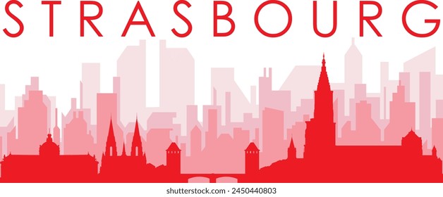 Afiche panorámico de la ciudad rojo con los edificios rojizos del fondo transparente de la niebla de ESTRASBURGO, FRANCIA