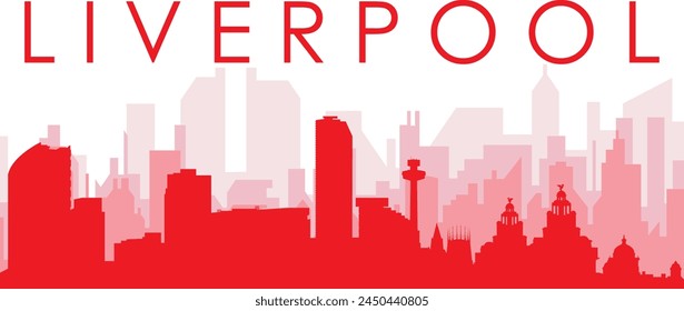 Red panoramic city skyline poster with reddish misty transparent background buildings of LIVERPOOL, UNITED KINGDOM