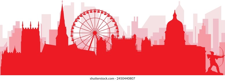 Red panoramic city skyline poster with reddish misty transparent background buildings of NOTTINGHAM, UNITED KINGDOM