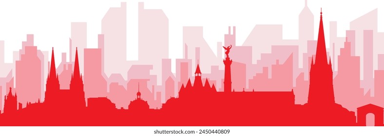 Red panoramic city skyline poster with reddish misty transparent background buildings of BORDEAUX, FRANCE