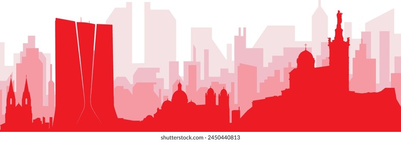 Red panoramic city skyline poster with reddish misty transparent background buildings of MARSEILLES, FRANCE