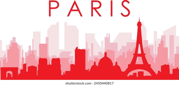 Red panoramic city skyline poster with reddish misty transparent background buildings of PARIS, FRANCE