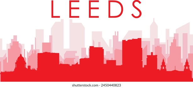 Red panoramic city skyline poster with reddish misty transparent background buildings of LEEDS, UNITED KINGDOM