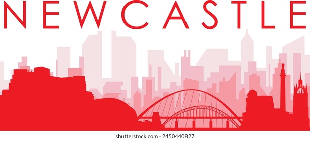 Afiche panorámico de la ciudad rojo con los edificios rojizos del fondo transparente de la niebla de NEWCASTLE, REINO UNIDO