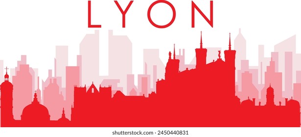 Póster panorámico de horizonte de la ciudad rojo con los edificios de fondo rojizos y brumosos transparentes de LYON, FRANCIA