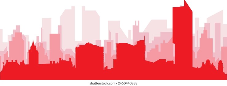 Red panoramic city skyline poster with reddish misty transparent background buildings of MANCHESTER, UNITED KINGDOM