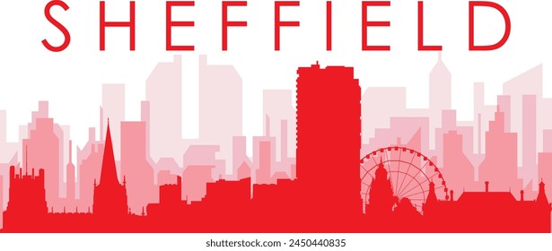 Red panoramic city skyline poster with reddish misty transparent background buildings of SHEFFIELD, UNITED KINGDOM