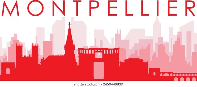 Póster panorámico de horizonte de la ciudad rojo con los edificios de fondo rojizos brumosos transparentes de MONTPELLIER, FRANCIA