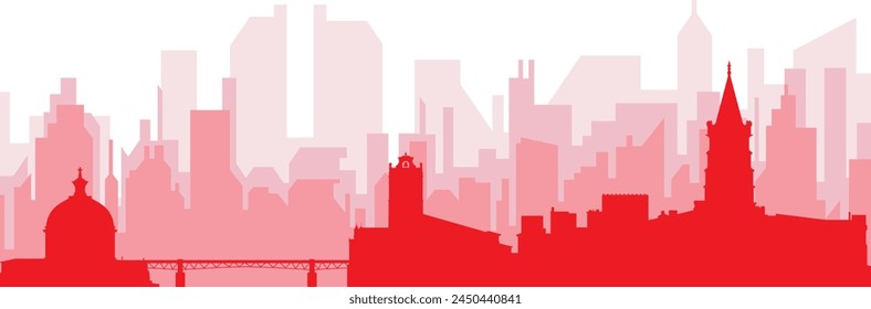 Póster panorámico de horizonte de la ciudad rojo con los edificios de fondo rojizos y brumosos transparentes de TOULOUSE, FRANCIA