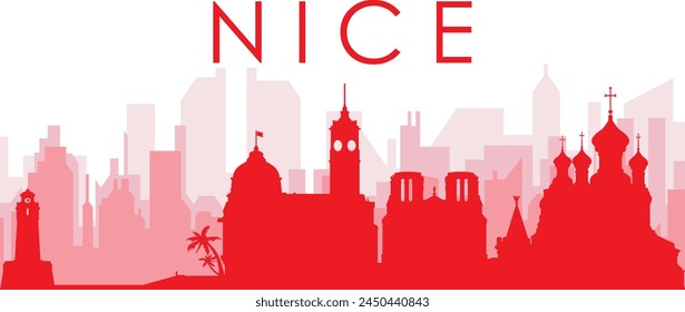 Red panoramic city skyline poster with reddish misty transparent background buildings of NICE, FRANCE