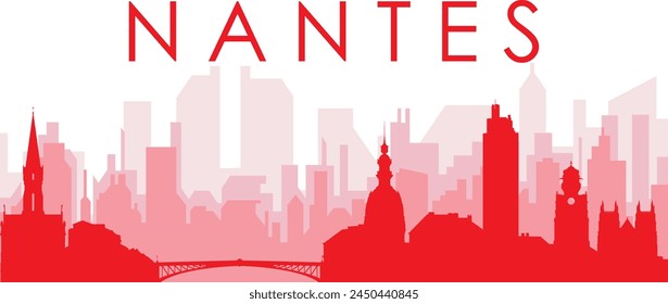 Afiche panorámico rojo del horizonte de la ciudad con los edificios rojizos del fondo transparente de la niebla de NANTES, FRANCIA